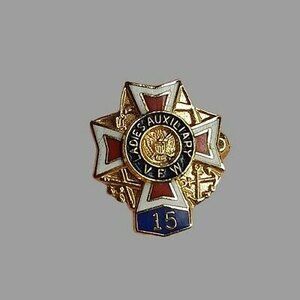 vtg Ladies Auxiliary VFW 15 years bar back lapel pin - red white blue enamel